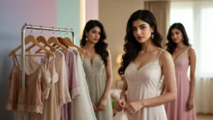 women trying nightwear dresses in clothing store
