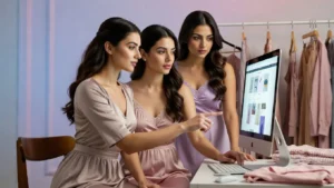 women discussing fashion outfits in boutique clothing store