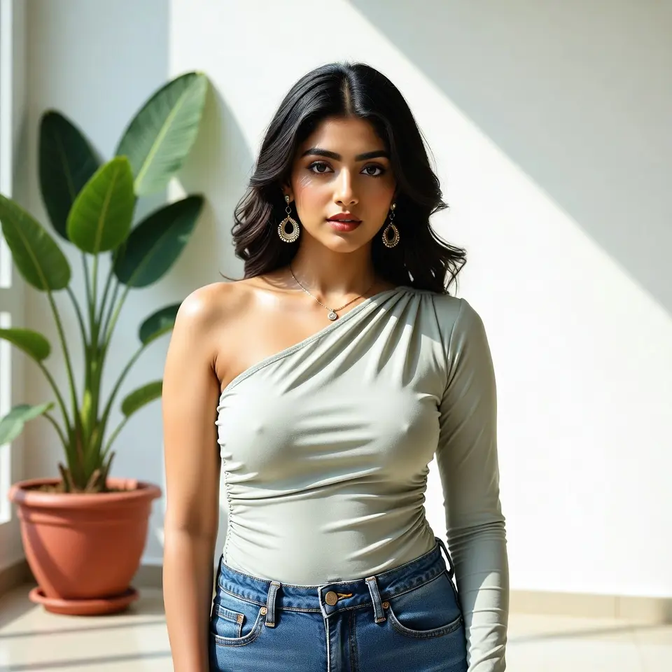 One Shoulder Tops Woman wearing a stylish one shoulder top paired with high-waisted jeans for modern party and western styling