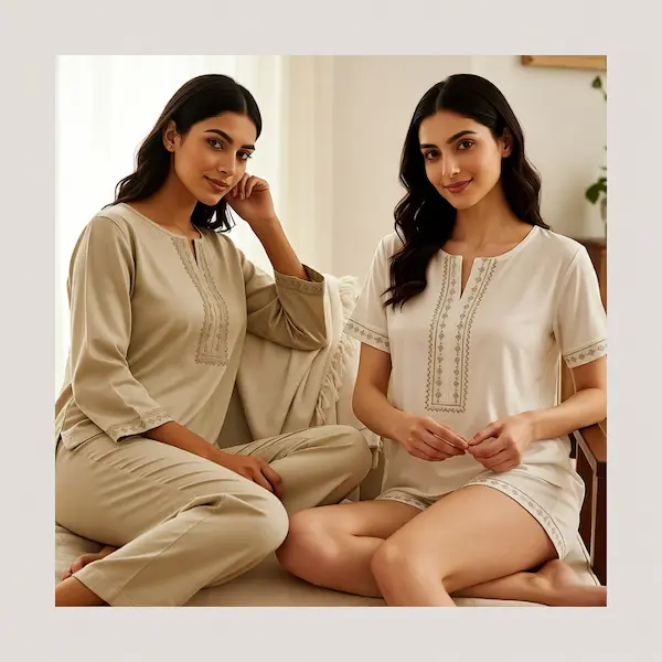Women wearing soft sleepwear sets designed for comfortable nighttime use.