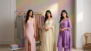women trying trendy dresses in fashion boutique