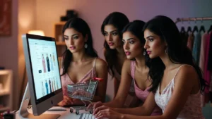 Women comparing top fashion deals and online sale categories on computer
