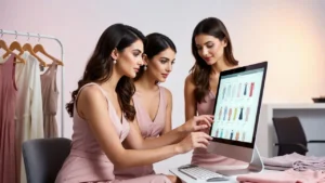 Women exploring online shopping deals and product reviews on desktop computer