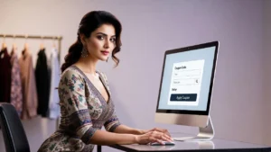 Woman exploring verified online shopping deals on desktop