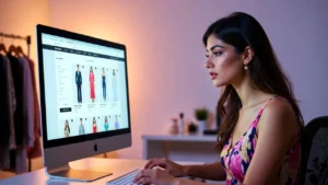 Woman reviewing seasonal fashion deals on online store