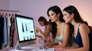 Women shopping online and reviewing discount collections