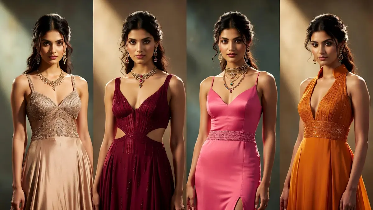 Women modeling luxury evening dresses in champagne, wine, pink, and orange tones for fashion styling inspiration