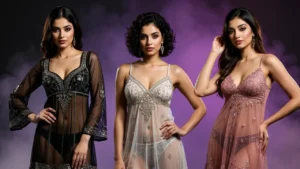 Women modeling luxury lace and sheer designer nightwear in elegant evening tones