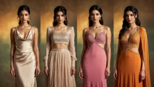 Premium glam dresses styled in jewel tones for women’s fashion and occasion wear ideas