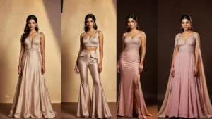 Women modeling luxury evening gowns in champagne, wine, pink, and orange tones for fashion styling inspiration