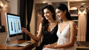 women selecting outfits on computer in fashion boutique