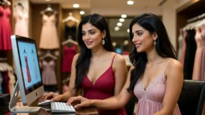 women choosing dresses online inside clothing boutique