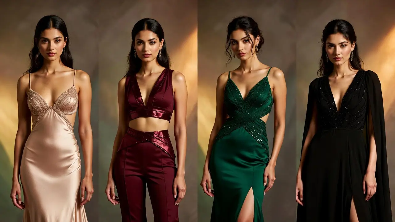 Four women modeling luxury glam dresses including satin maxi, designer co-ord set, and statement evening wear