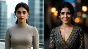 Women wearing casual beige top and embroidered ethnic outfit showcasing style contrast