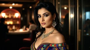 Woman in off shoulder embroidered ethnic top with elegant evening styling