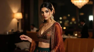 Woman in traditional orange saree styled with modern blouse for festive occasion