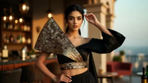 Woman wearing black designer blouse with embellished lehenga for evening party look