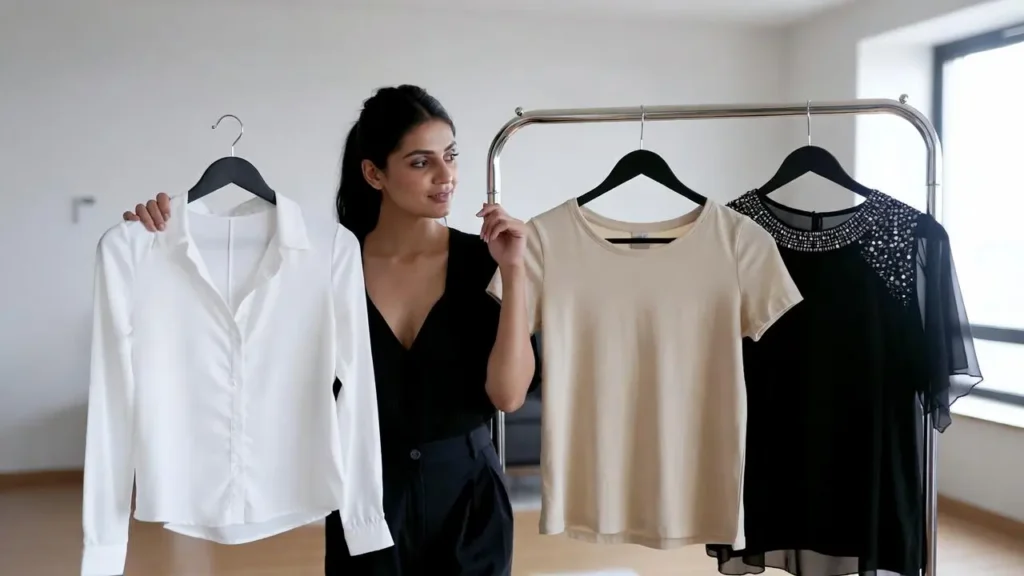 women-tops-buying-guide-how to choose Indian woman comparing different women tops on clothing rack while choosing the right top