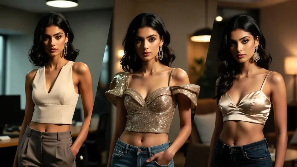 women tops dress Indian woman wearing stylish western party tops including satin and shimmer designs for evening and club wear