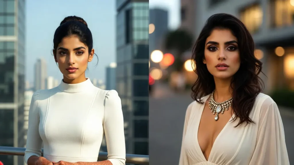 Indian woman styled in elegant office wear top transitioning to western party wear top for evening look