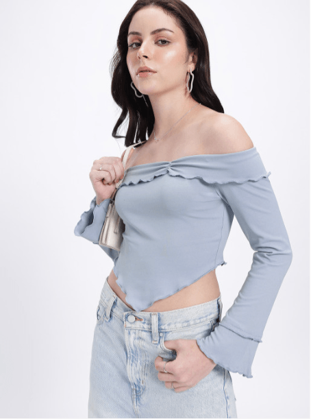 Glitchez Ruched Off Shoulder Crop Top