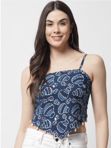 Popwings Bagru Block Printed Smocking Cotton Crop Top