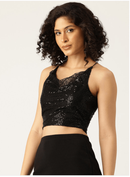 Bebe – Future Glam Sequined Cowl Neck Net Crop Top