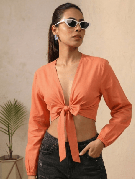 Bene Kleed Linen Puff Sleeve Cotton Blend Wrap Crop Top