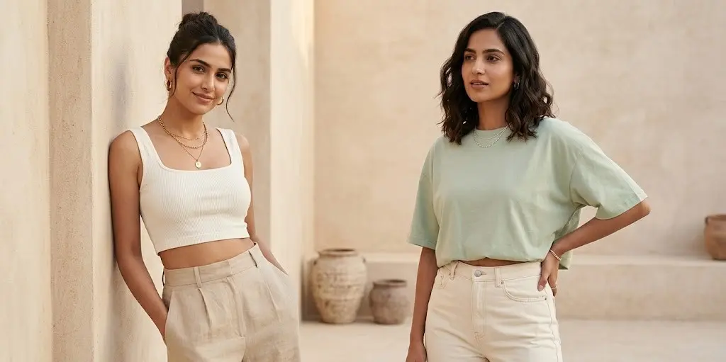 women wearing stylish cotton crop tops in India breathable summer outfits casual fashion