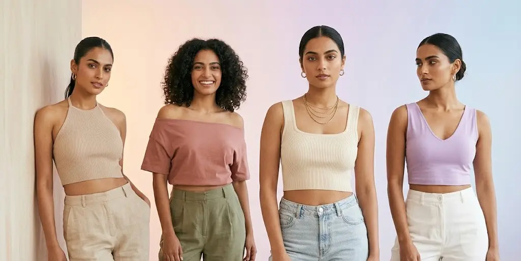 women wearing different styles of cotton crop tops summer fashion India