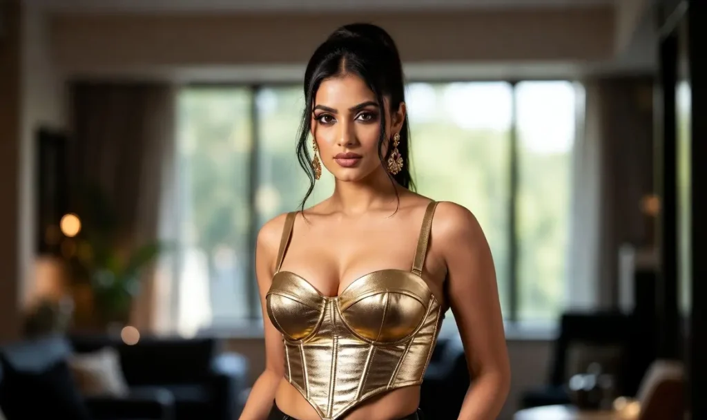 Stylish corset crop top for women in India with metallic gold design for trendy and party wear looks