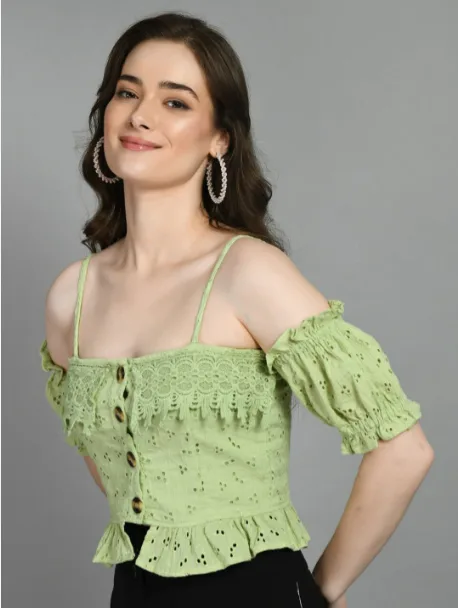 Fuchsia Cotton Puff Sleeve Crop Top (Shoulder Strap)