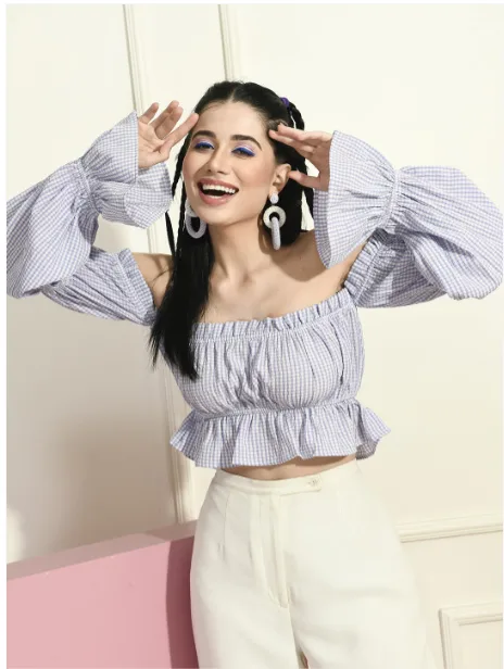 Fuchsia Striped Blouson Puff Sleeve Crop Top
