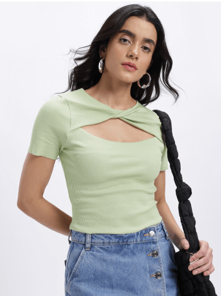 Glitchez Ribbed Cut-Out Neck Crop Top