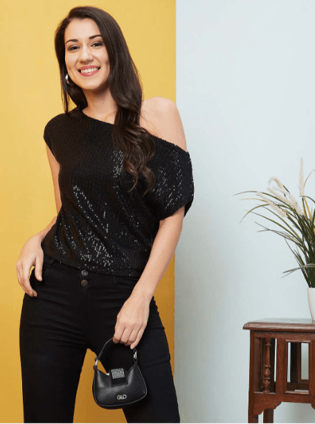 Globus – Sequined One Shoulder Party Crop Top