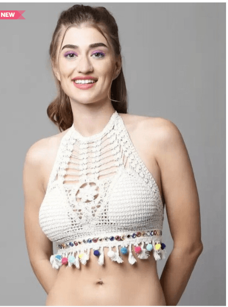 HUG NATION Halter Neck Fringed Cotton Bralette Crop Top