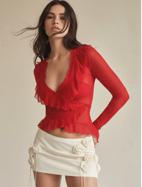 Outzidr Red Ruffle Detail Full Sleeve Wrap Top