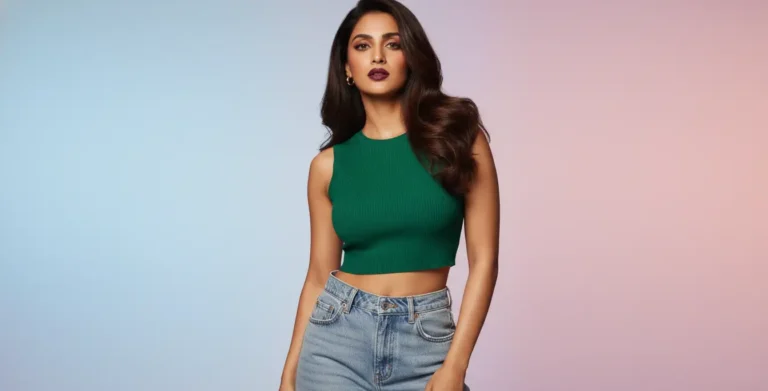 Stylish woman wearing trendy ribbed crop top with denim jeans for casual fashion look