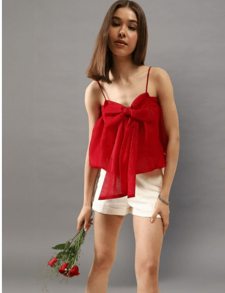 Sera Solid Bow Shoulder Straps Crop Top