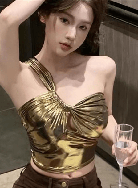 StyleCast x Revolte – Shimmer One Shoulder Party Crop Top