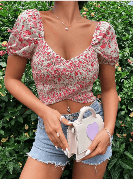 StyleCast x Slyck Floral Sweetheart Smocked Crop Top