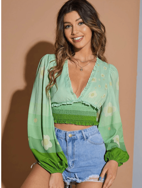 StyleCast x Slyck Floral V-Neck Puff Sleeve Smocked Crop Top