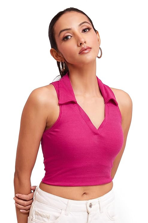 Stylish Western Fashion Sleeveless V-Neck Ribbed Crop Top