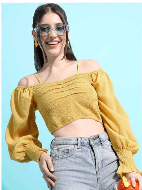 Tokyo Talkies Cold Shoulder Smocked Bardot Crop Top
