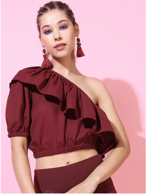 Tokyo Talkies – Deep Maroon Fitted Crop Top
