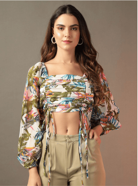 Trend Arrest Tropical Print Puff Sleeve Georgette Crop Top
