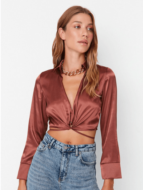 Trendyol Brown Solid Wrap Crop Top