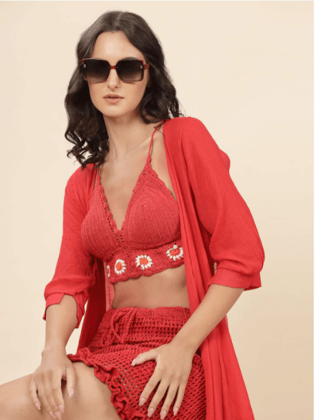 Velvery Self Design Shoulder Straps Cotton Crochet Top