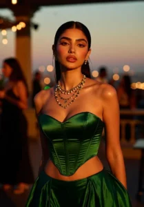 Corset crop top for women in India in green satin finish ideal for party wear and statement outfits