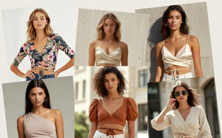 Fashion collage of wrap crop tops for women featuring floral, satin and chic styles